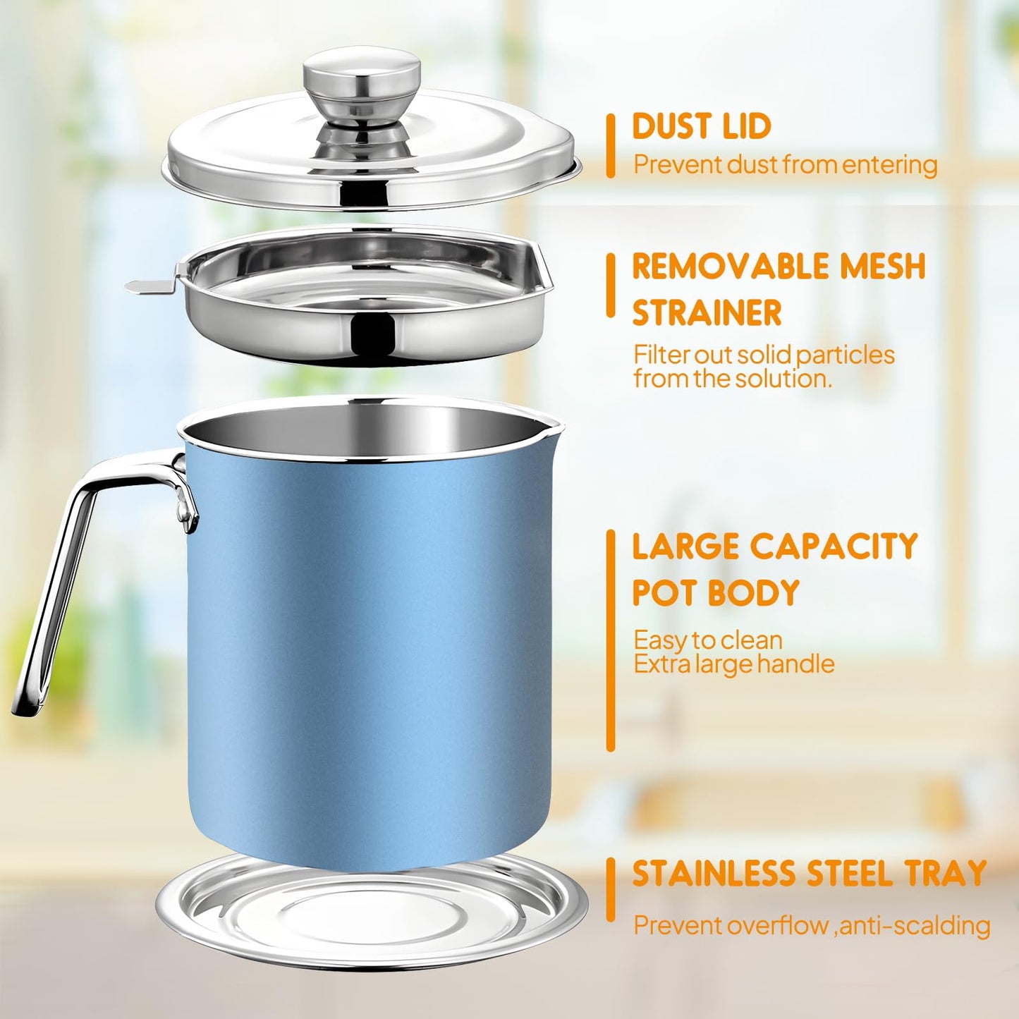 Chihee Grease Container Stainless Steel Bacon Grease Saver with Fine Mesh Strainer 2L / 67.6 fl oz Cooking Oil Keeper Stoarge Can with Dust-proof Lid Non-slip Tray for Kitchen Frying