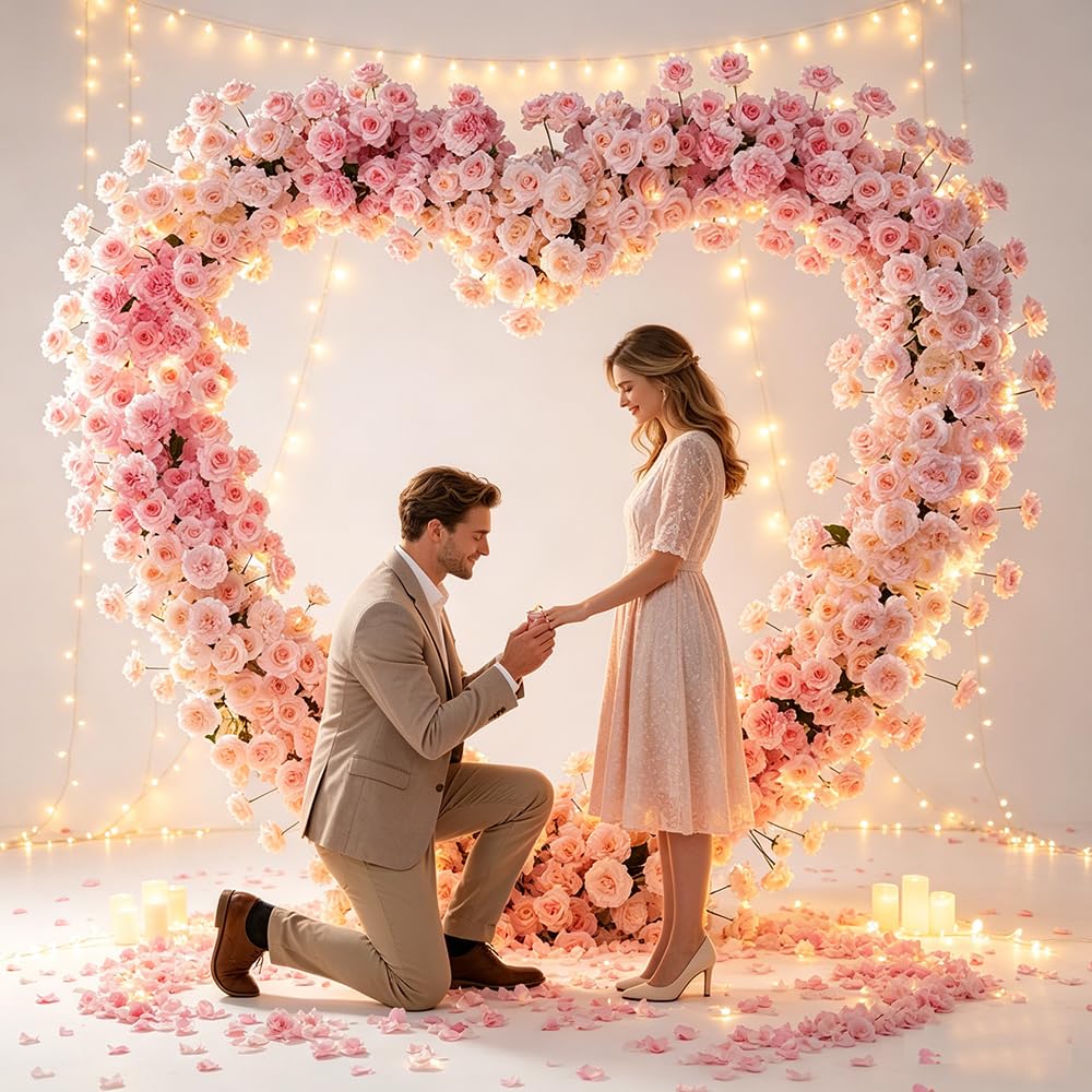 Heart Arch Stand for Proposal, Artificial Flower Heart-Shaped Arch Backdrop for Proposal, Wedding, Party Decor Decoration, Indoor & Outdoor Use with Roses (Purple+White)