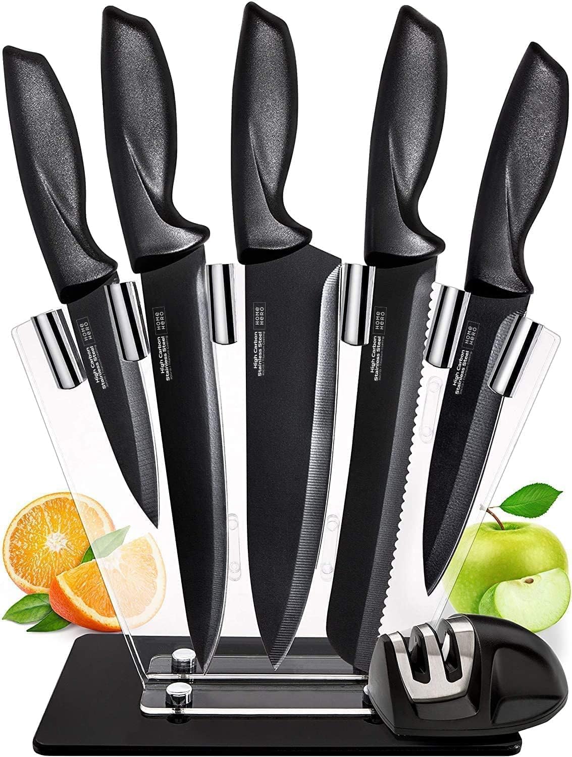 Home Hero Kitchen Knife Set with Sharpener - High Carbon Stainless Steel Knife Block Set with Ergonomic Handles (20 Pcs - Acrylic Black)