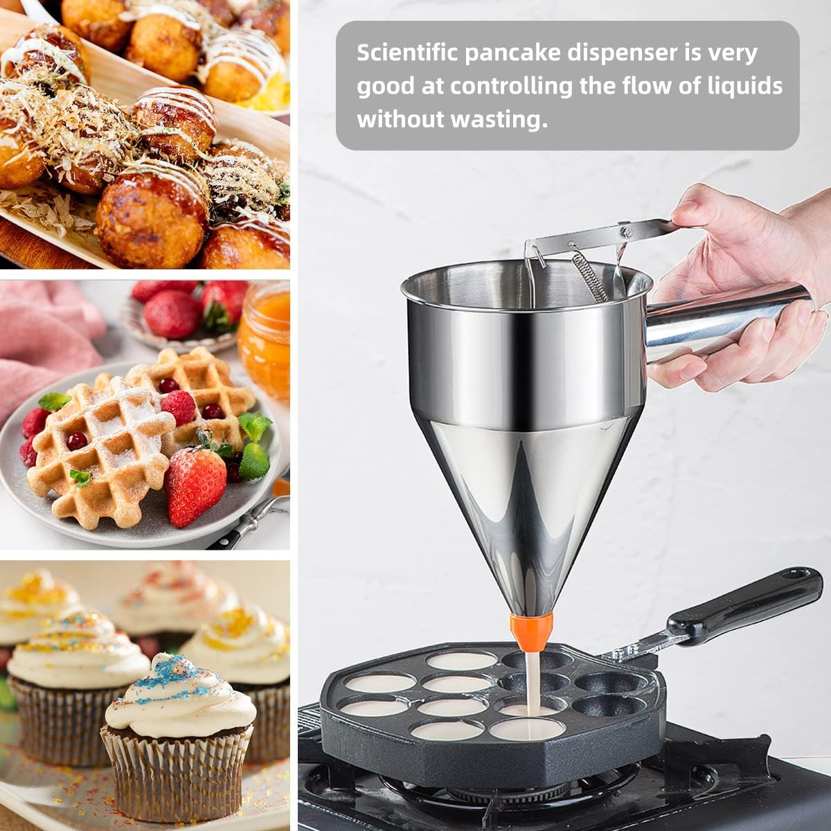 Shoxil 20oz Pancake Batter Dispenser, Multi-Caliber Stainless Steel Funnel Cake Dispenser with Stand Great for Pancakes, Cupcakes or Any Baked Goods
