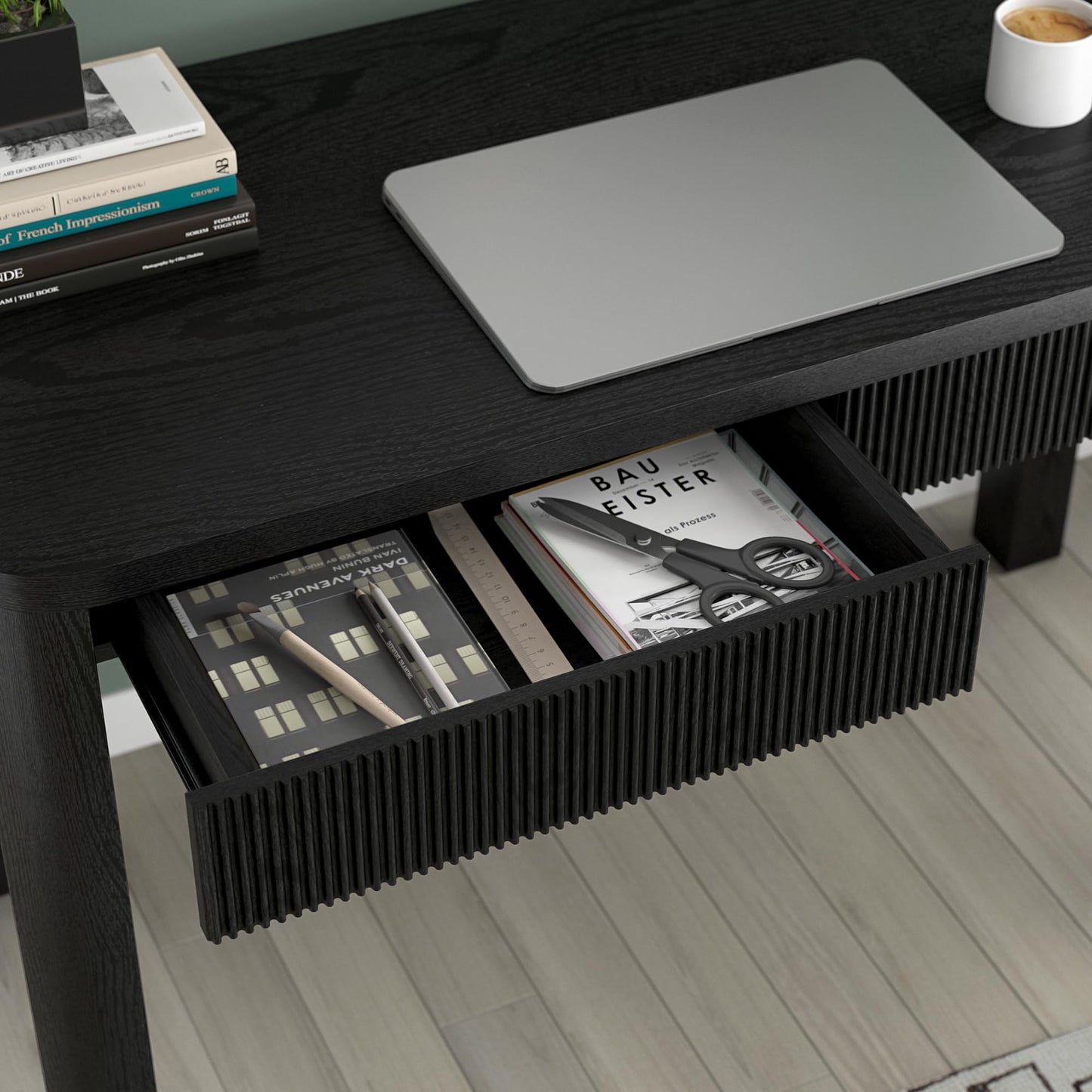 Henn&Hart 48" Fluted Modern Rectangular Wooden Home Office Desk Computer Desk Writing Table with 2 Ribbed Storage Drawers for Bedroom, Living Room, or Home Office, Natural Black