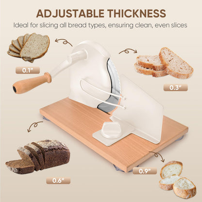 SOWKIPE Manual Bread Slicer with Hand Crank, Classic Home Bread Slicer for Homemade Sourdough, Rotary Slicer with Adjustable Thickness, Premium Stainless Steel & Powerful Suction Cups (White)