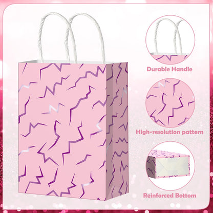 Hauwellter 24 Pcs Kpop Party Favor Bags, Pink and Purple K Pop Themed Kraft Paper Gift Bags with Handles, Bulk Goodie Treat Bag for Kpop Disco Halloween Birthday Party Supplies Decorations