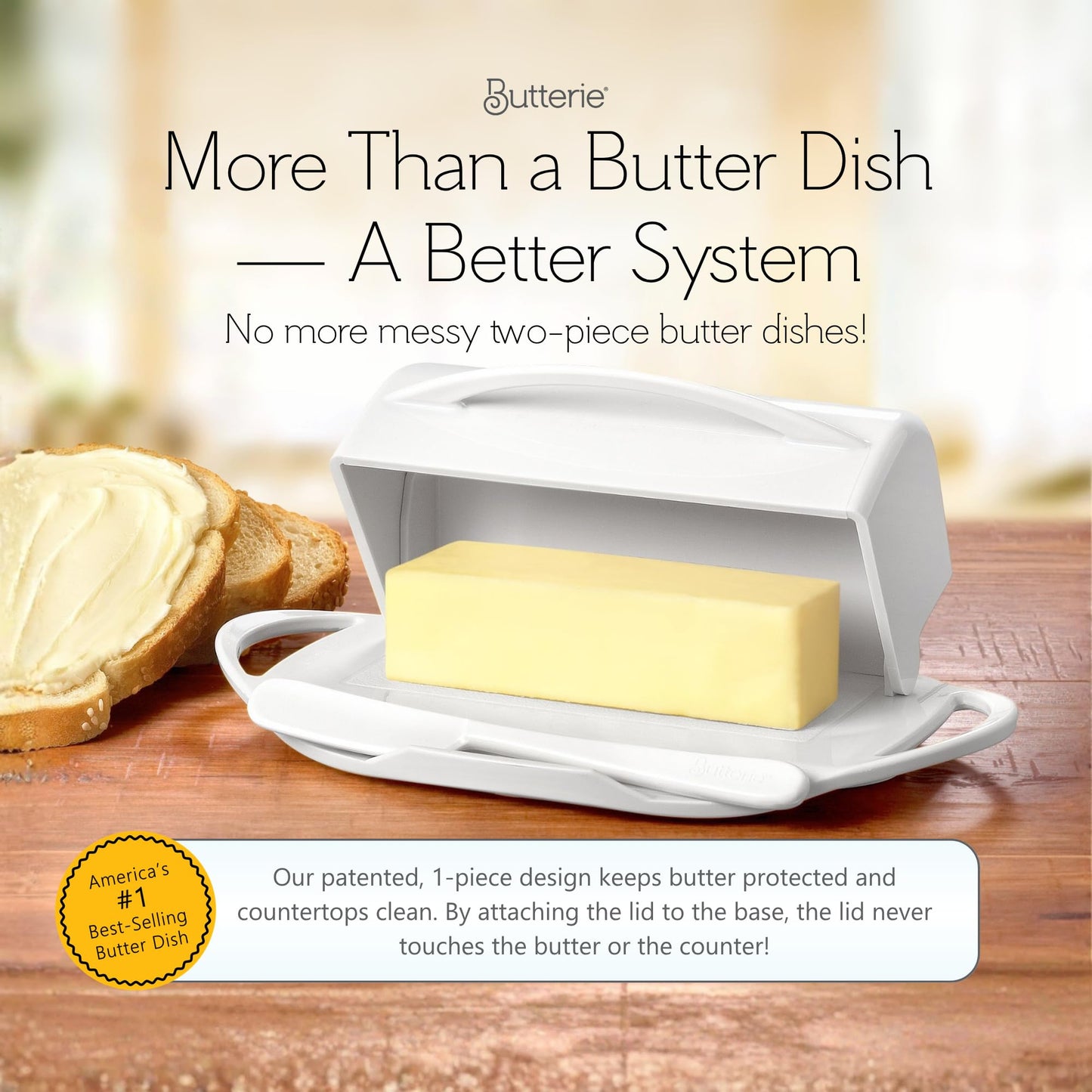 Butterie Flip Top Butter Dish with Attached Lid & Matching Knife - Holds 2 Sticks, Fits Kerrygold/European Butter - BPA Free & Dishwasher Safe - White