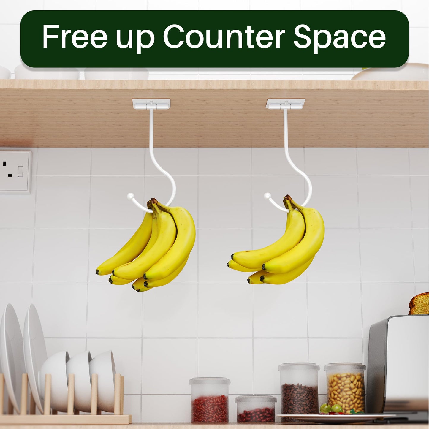 Josmimic Modern Banana Hanger Hook Under Cabinet: Adhesive Banana Holder, Foldable with Magnets When Not in Use, Under Counter Banana Hook, Stainless, Hold 13 LB, White, 2 Pack