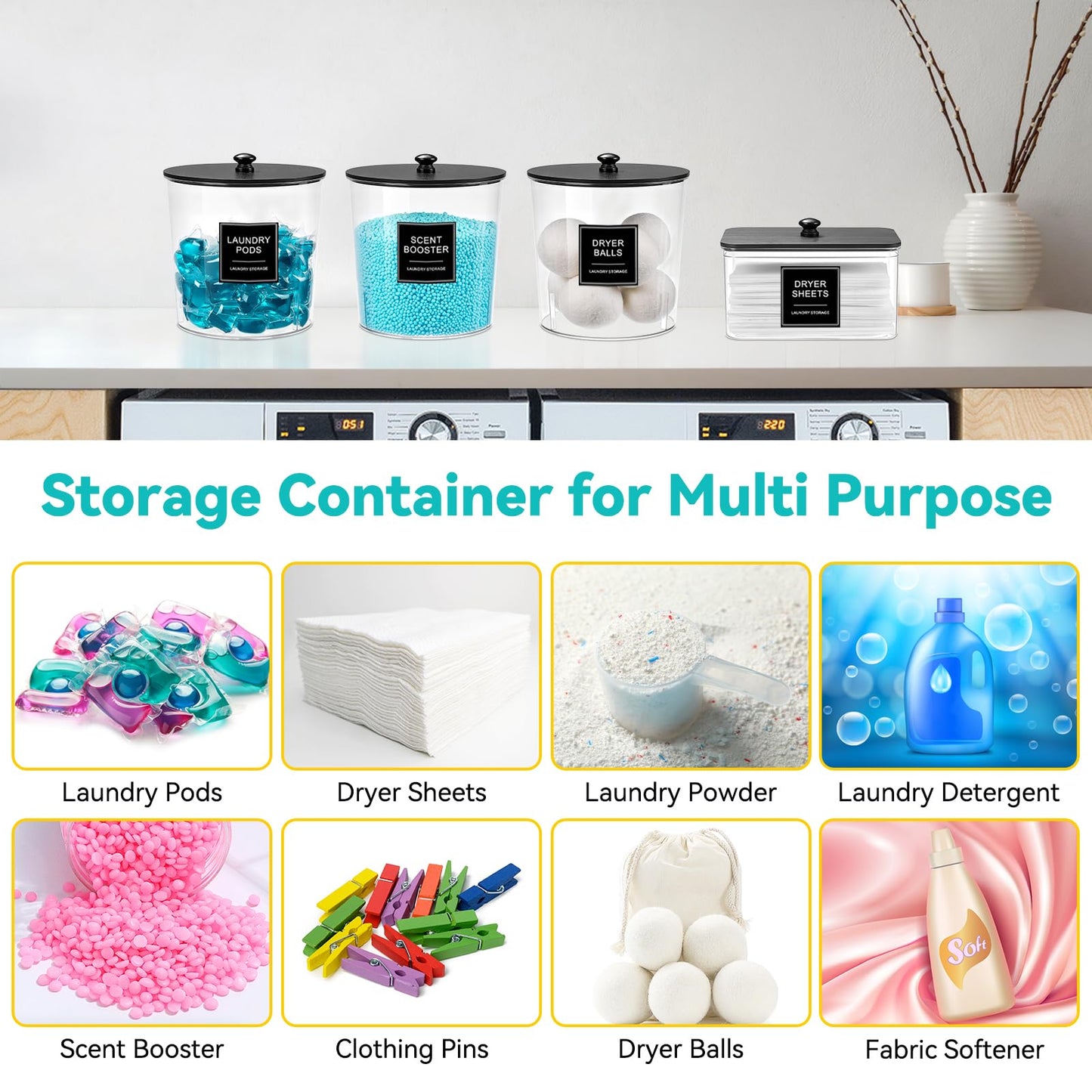 SACIOVEE Laundry Pods Container & Dryer Sheet Holder, Laundry Room Organization and Storage Jars with Lids, Labels & Scoops for Powder Detergent Scent Booster, Black Lid