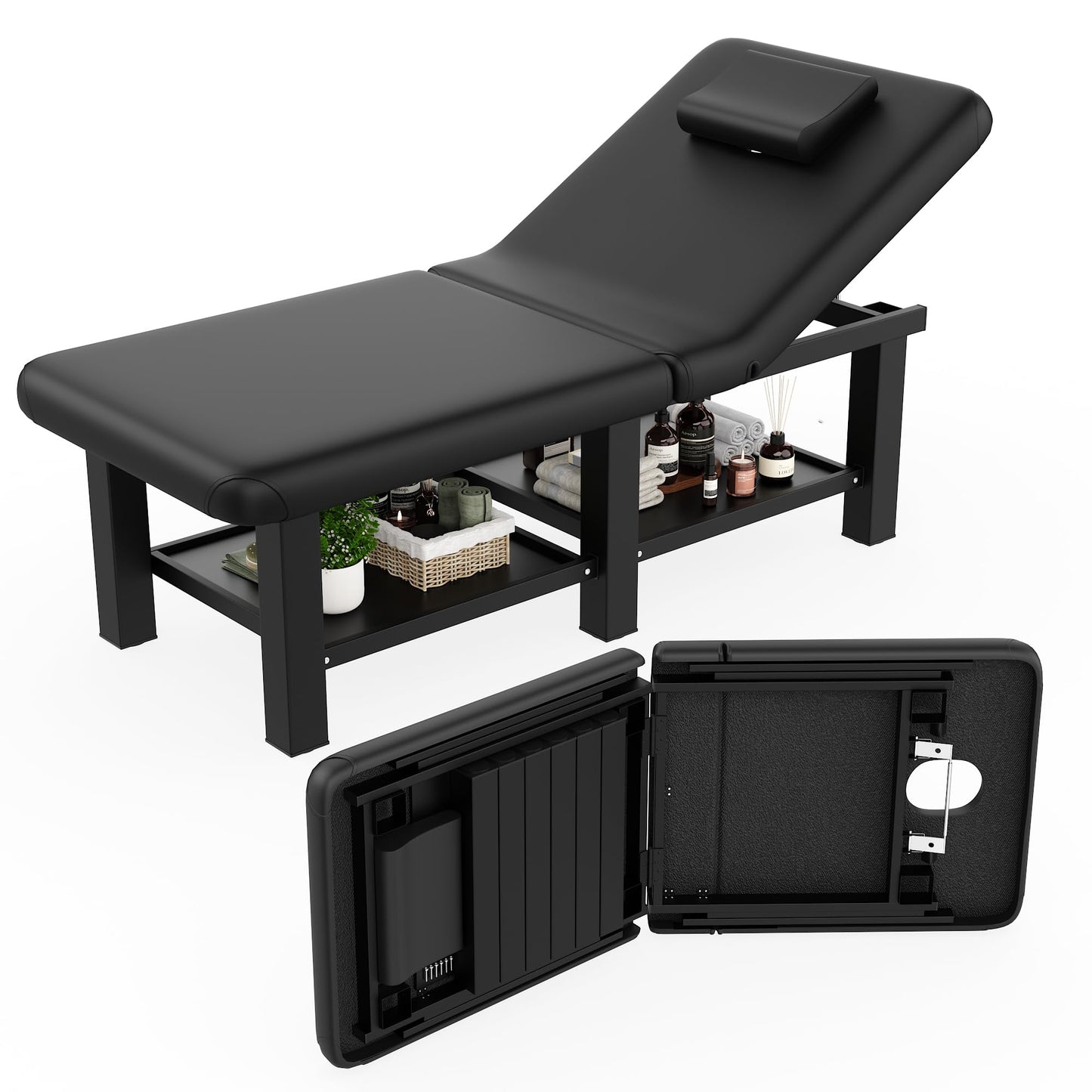 30.5'' Wide × 75'' Long Folding Stationary Massage Table with Backrest and Storage Space for Treatment Table Physical Therapy Table Spa Facial Bed, 6 Square legs, Metal Frame PU Leather - Black