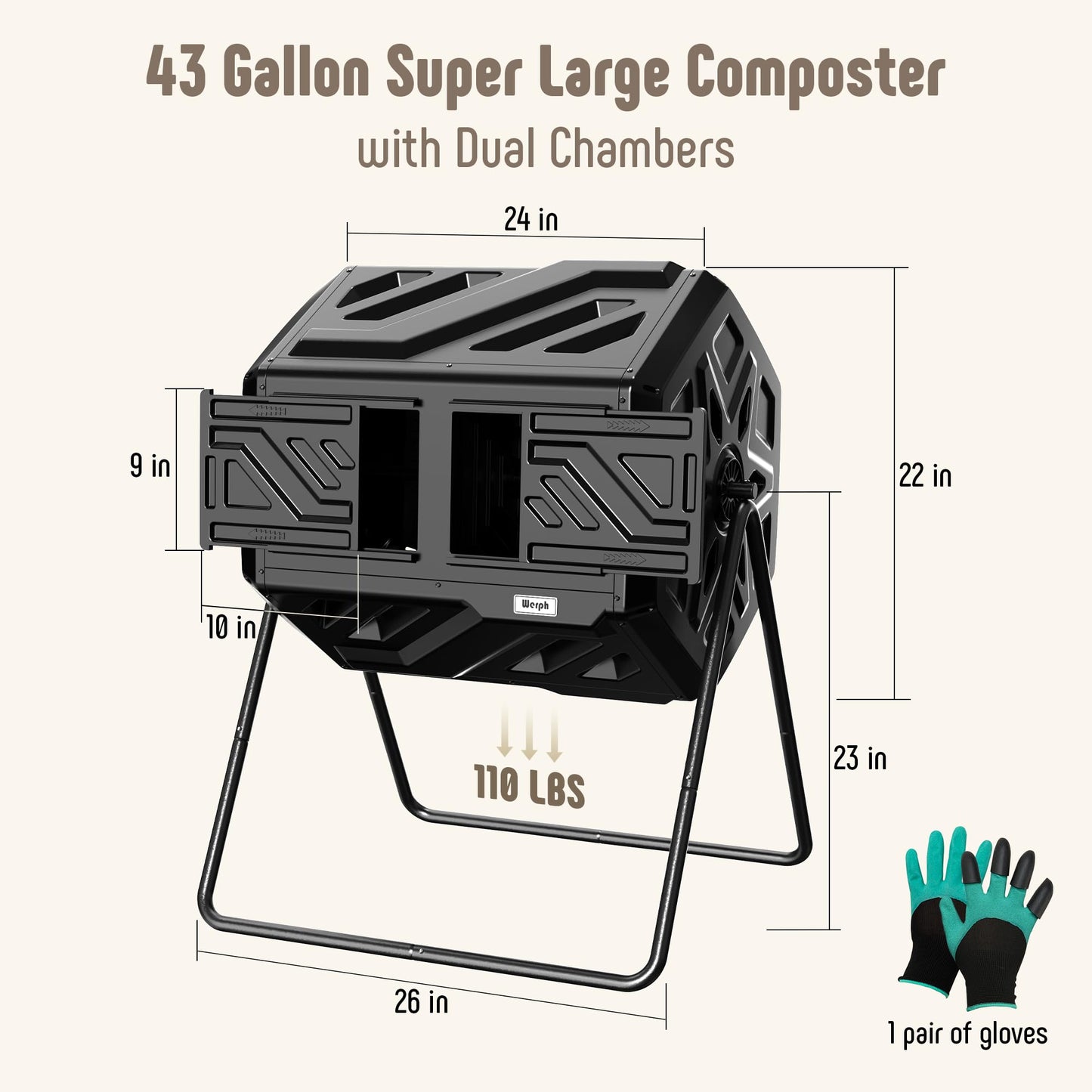Werph 43 Gallon Compost Bin with Gloves, Fast Assembly & Easy Setup Outdoor Compost Tumbler, Updated Dual Chamber Tumbling Composter for Garden, Kitchen, and Yard Waste, Black