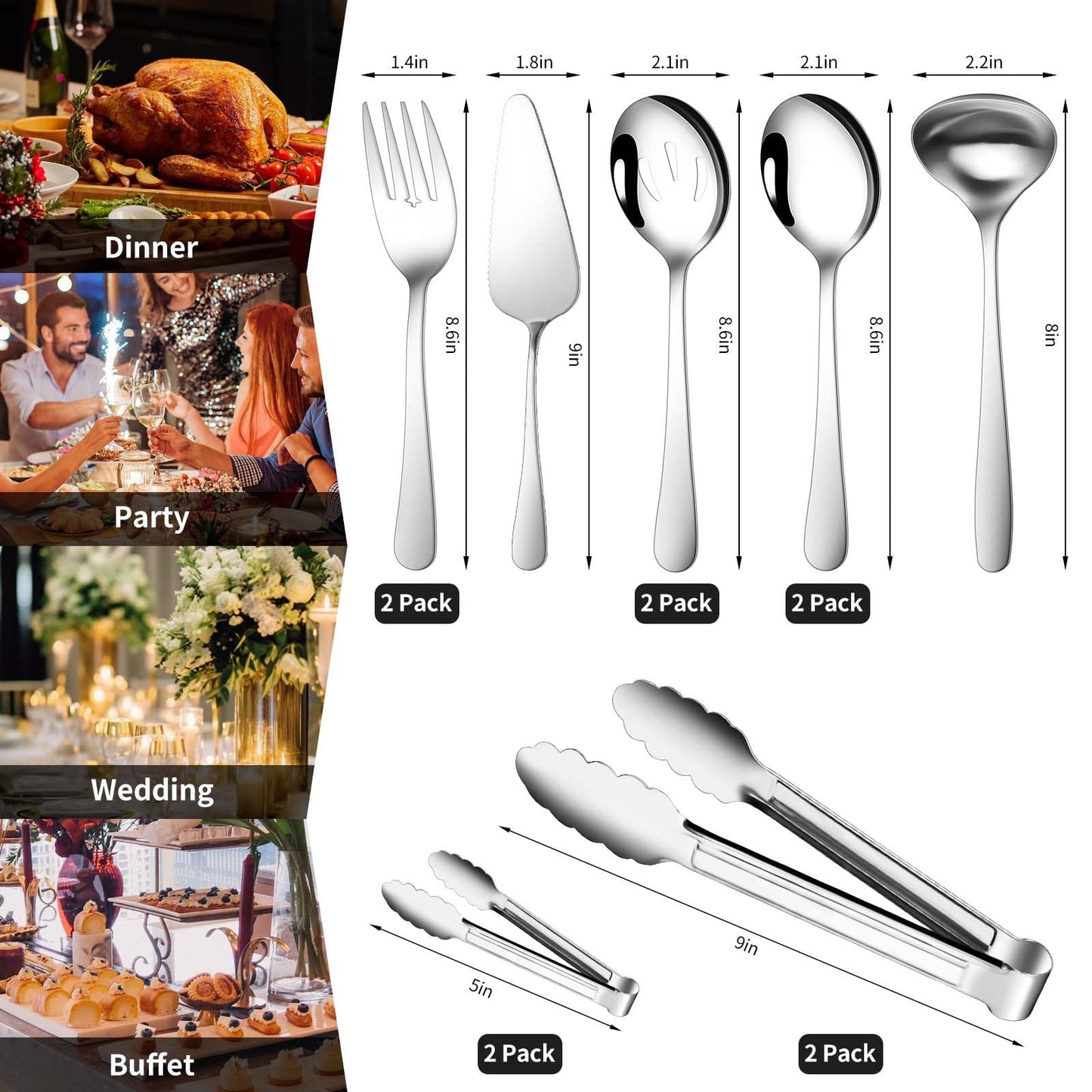 Gisly 12-Piece Serving Set - Large Spoons, Forks, Tongs, Ladle, Cake Server & Appetizer Tongs for Buffet Catering, Dishwasher Safe