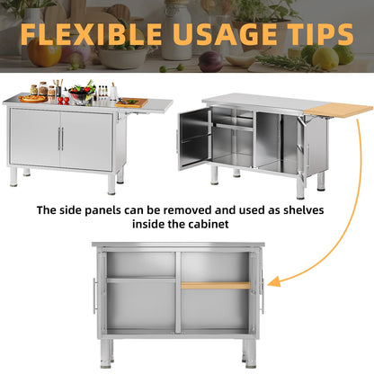JFHID Stainless Steel Work Table, 57"x19.7" Commercial Worktable Kitchen Cabinets with Extend Panel & Adjustable Shelf, Heavy-Duty Kitchen Prep Table Workbench for Home, Restaurant, Garage and Hotel