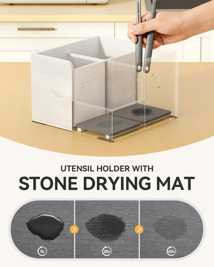 Yofidra Kitchen Utensil Holder with Stone Drying Mats, 4 Compartments Corner Utensil Holder for Kitchen Countertop, Extra Large Silverware Organizer (White)