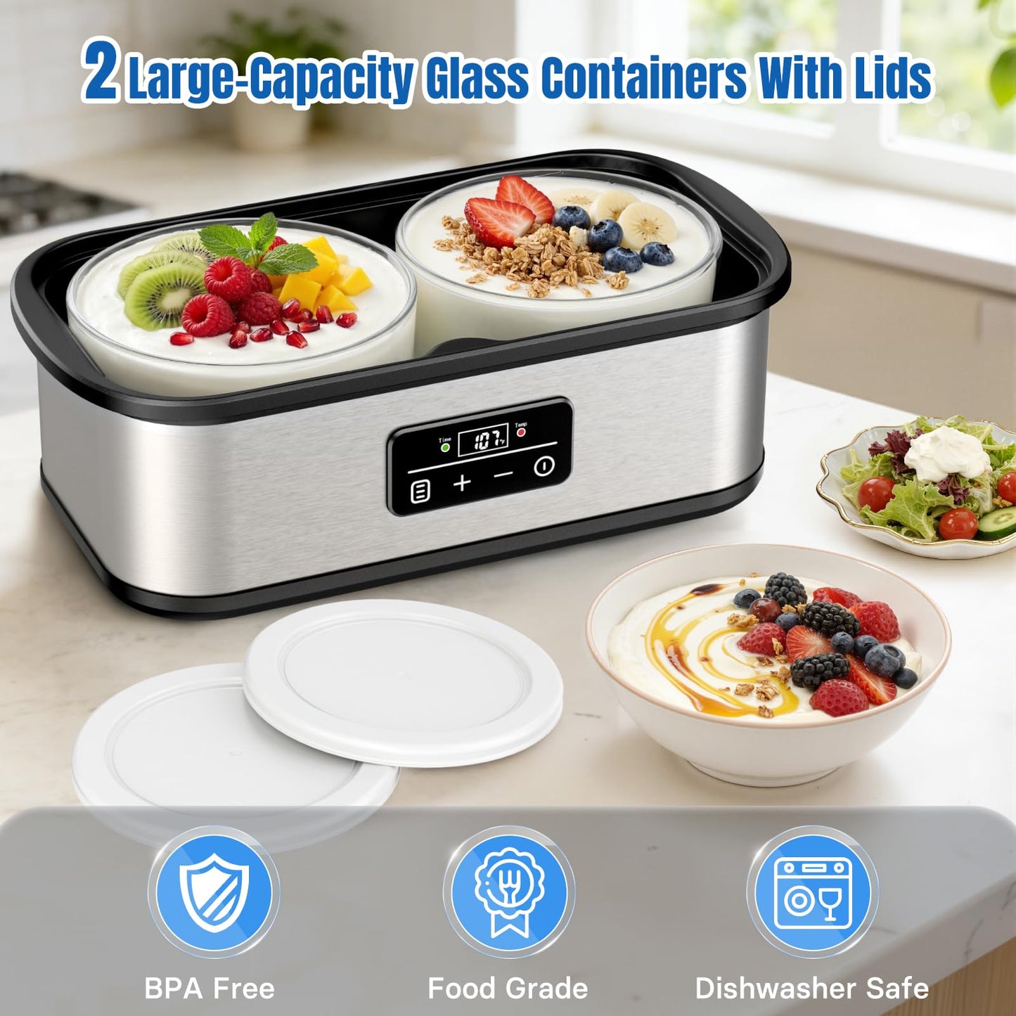 Adjustable Temp & Time Yogurt Maker with Auto Shut-Off, Constant Fermentation, with Two 1-Quart Glass Bowls for Homemade Probiotic Yogurt