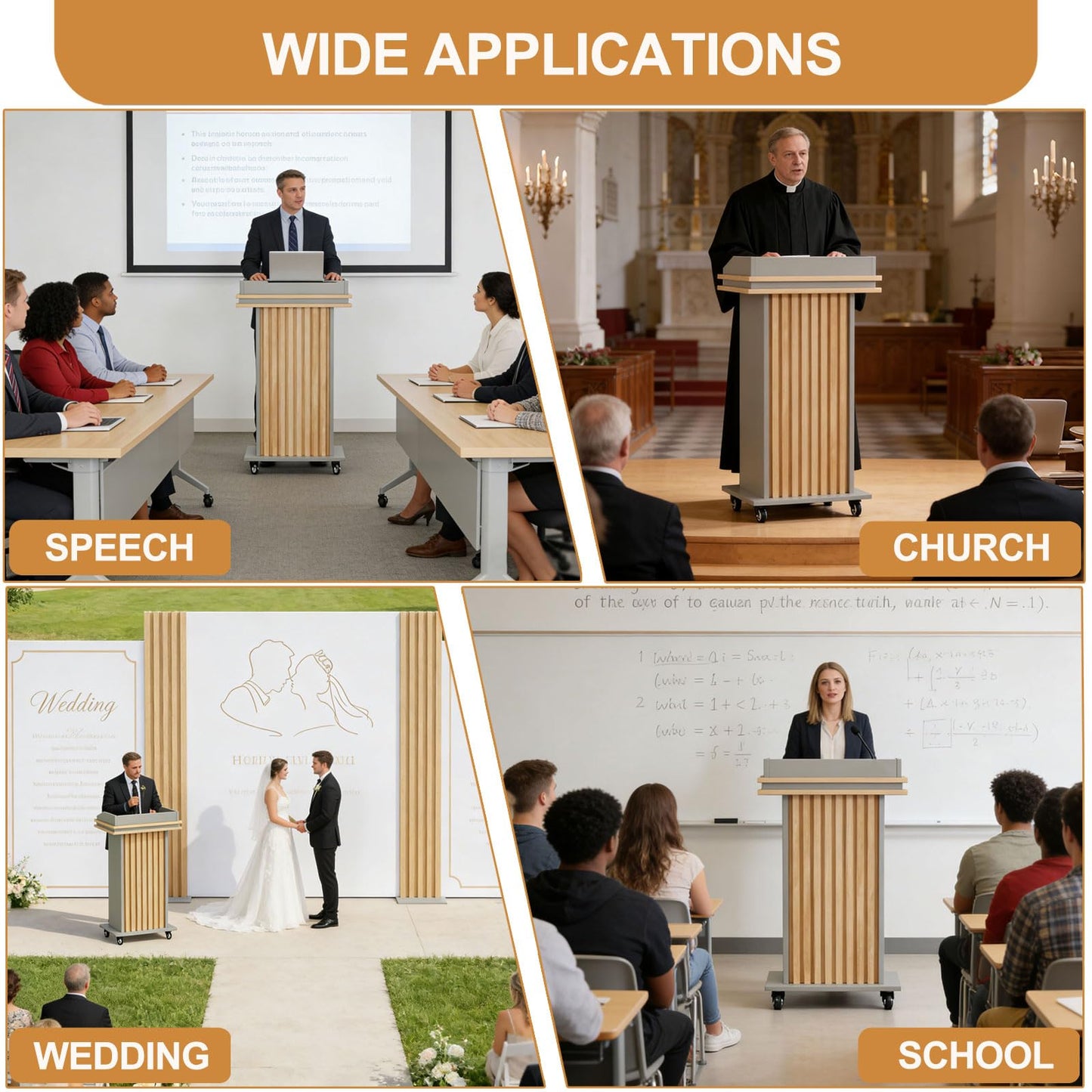 HPLWYM Podium Stand with Wheels, Wood Lectern Stand with Drawer and Double-Layer Storage Space, Mobile Pulpits for Churches, Portable Podium for Speech, Church, Office, Classroom, Conference