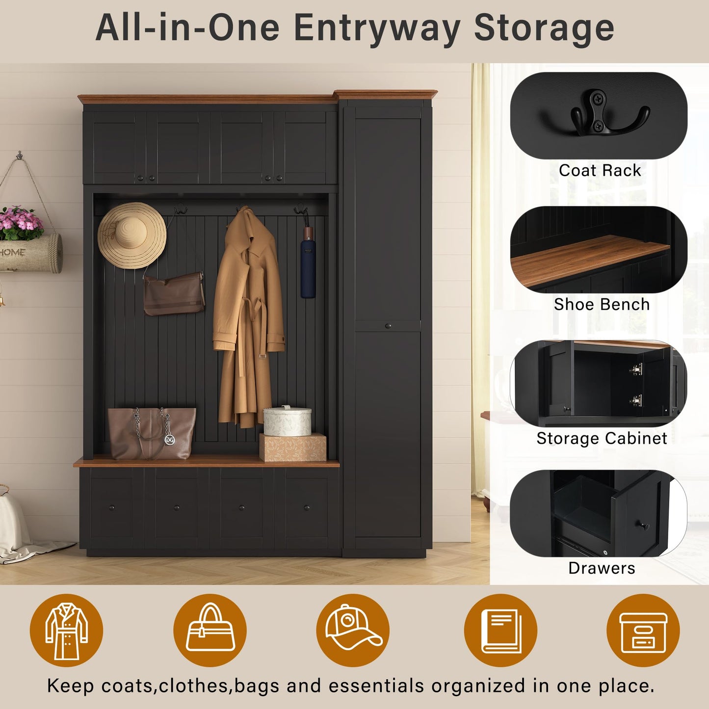 Shaical Hall Tree with Bench and Pull-Out Storage, 5-in-1 Entryway Shoe Bench with Coat Rack & 4 Drawers 2 Cabinets 4 Hooks, 78.7''H Wooden Storage Organizer for Hallway, Mudroom, Entrance, Black