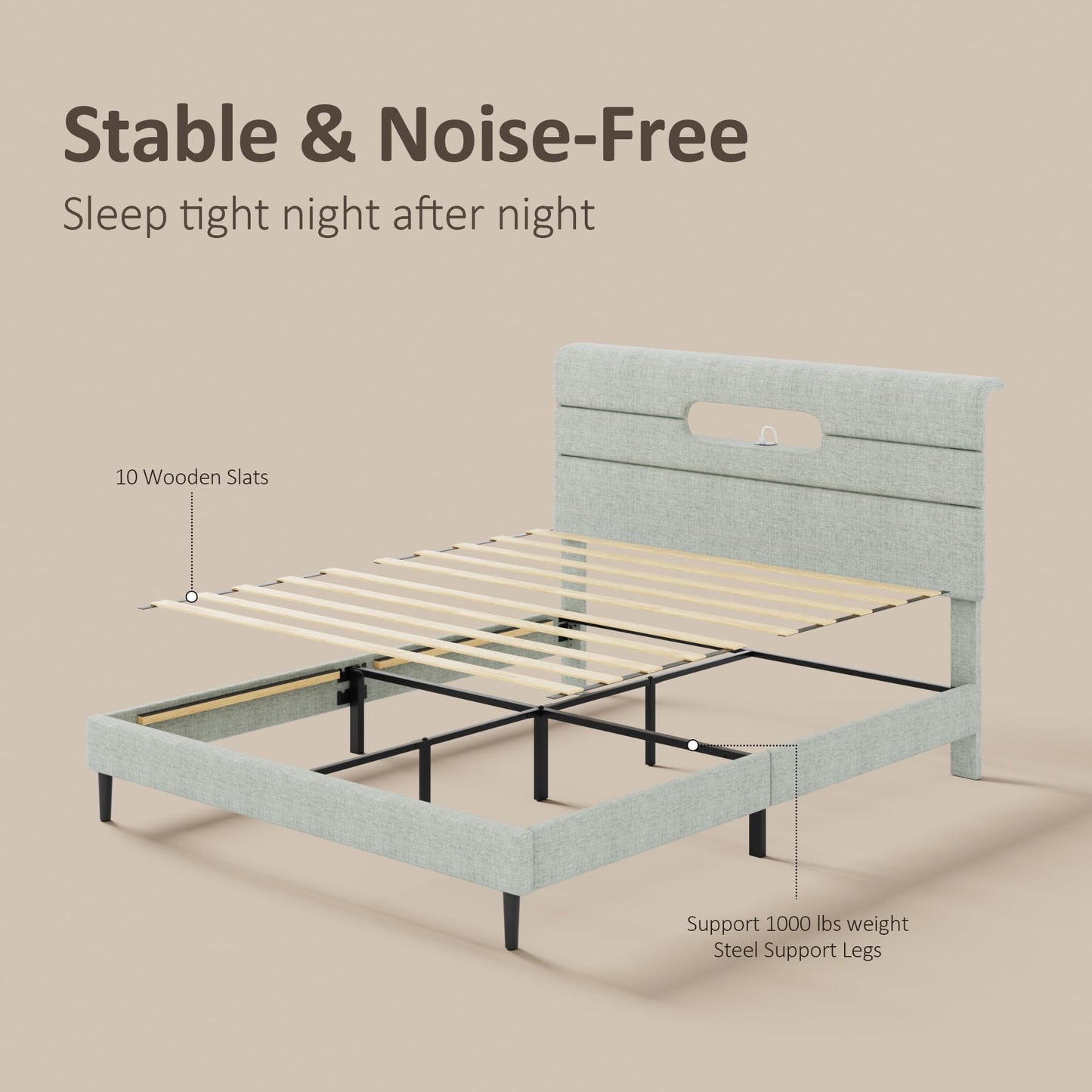 Sismplly Full Bed Frame with Linen Headboard, Platform Bed Frame with Upholstered Headboard, Mattress Foundation, No Box Spring Required, Easy Assembly, Light Green