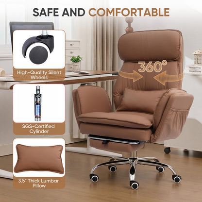 EGSEAT Big and Tall Office Chair with Flip Armrests, Cross Legged Office Chair with Storage Pockets, Comfortable Reclining Computer Chair with Foot Rest, Wide Home Office Desk Chair, Leather Brown