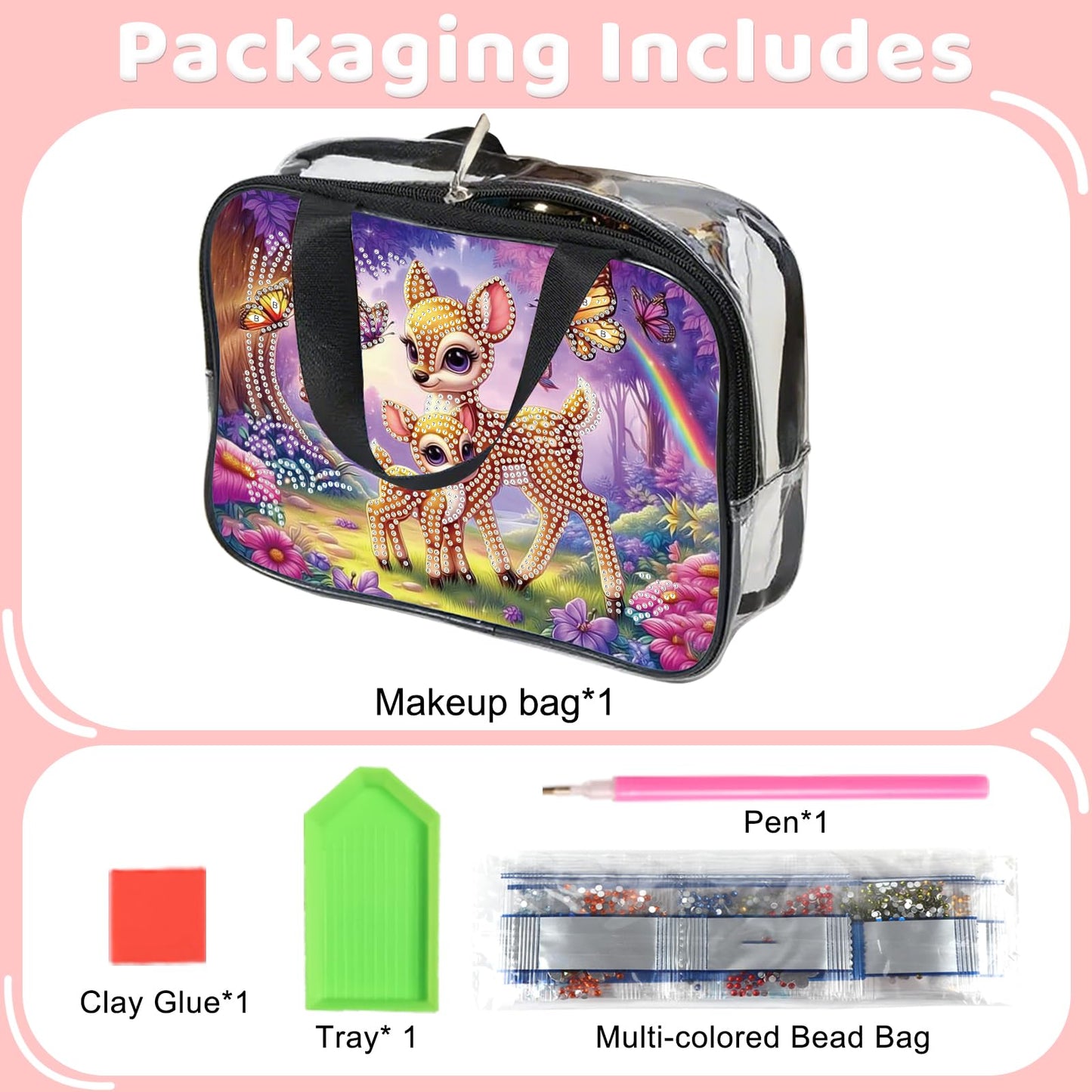 DIY diamond painting makeup bag kit, forest deer pattern sequined makeup storage bag with zipper, portable travel toiletries bag, as a handmade creative gift