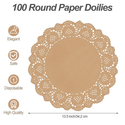 MCEAST 100 Pack Round Brown Kraft Paper Doilies 13.5 Inches Lace Paper Place Mats Rustic Scallop Doily Disposable Table Pads for Food Cakes Crafts Party Weddings Tableware Decor