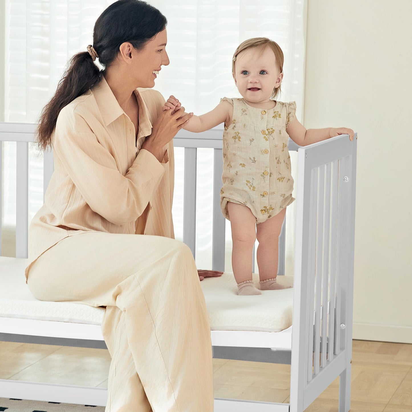 MAMAZING EvoNest Baby Crib, 11 in 1 Convertible Crib with Wheels, 100% New Zealand Wood Growing Bed, Full Size Crib for Baby, 4 Adjustable Mattress Height, White