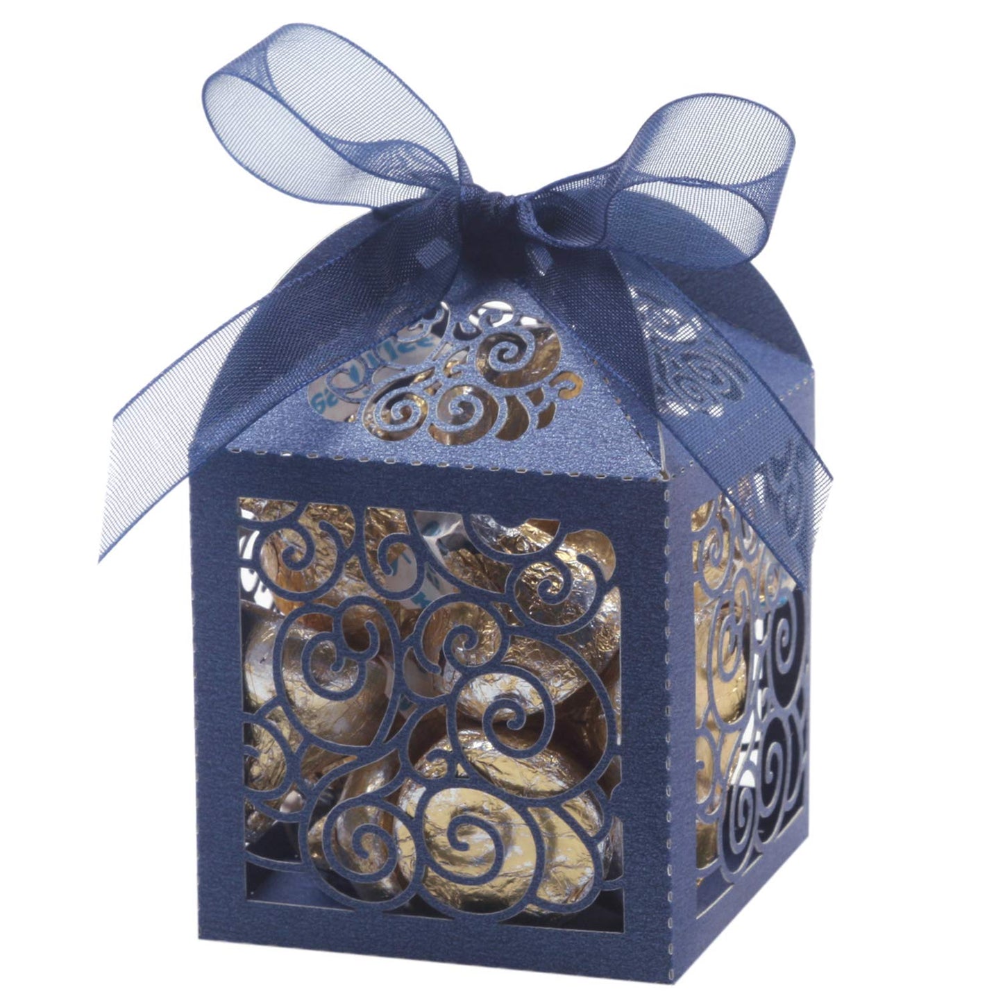 KPOSIYA 100 Pack Wedding Favor Boxes Laser Cut Boxes Party Favor Box Small Gift Boxes Lace Candy Boxes for Wedding Bridal Shower Baby Shower Birthday Party Anniverary with Ribbons (Navy, 100)