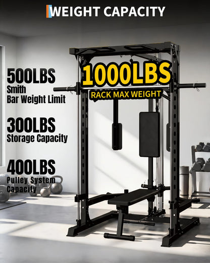 Garvee Smith Machine with Bench, Heavy Duty Power Cage Squat Rack with Smith Bar, LAT Pulldown System, Chest Station & More Training Attachment, Home Gym Equipment for Strengthen Training