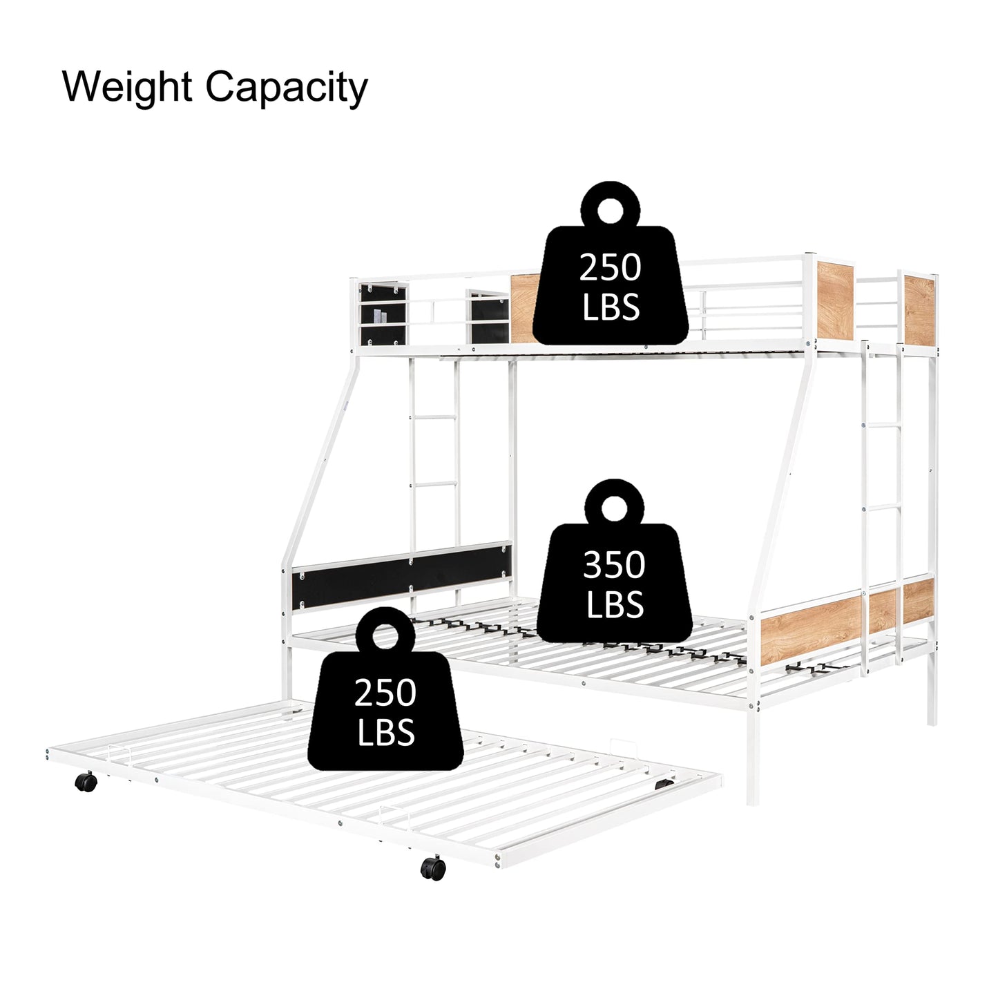 Metal Twin Over Full Bunk Bed with Trundle,Heavy Duty Bunk Beds Twin Over Full, Space-Saving Bunk Bed for Kids/Teens/Adults,White