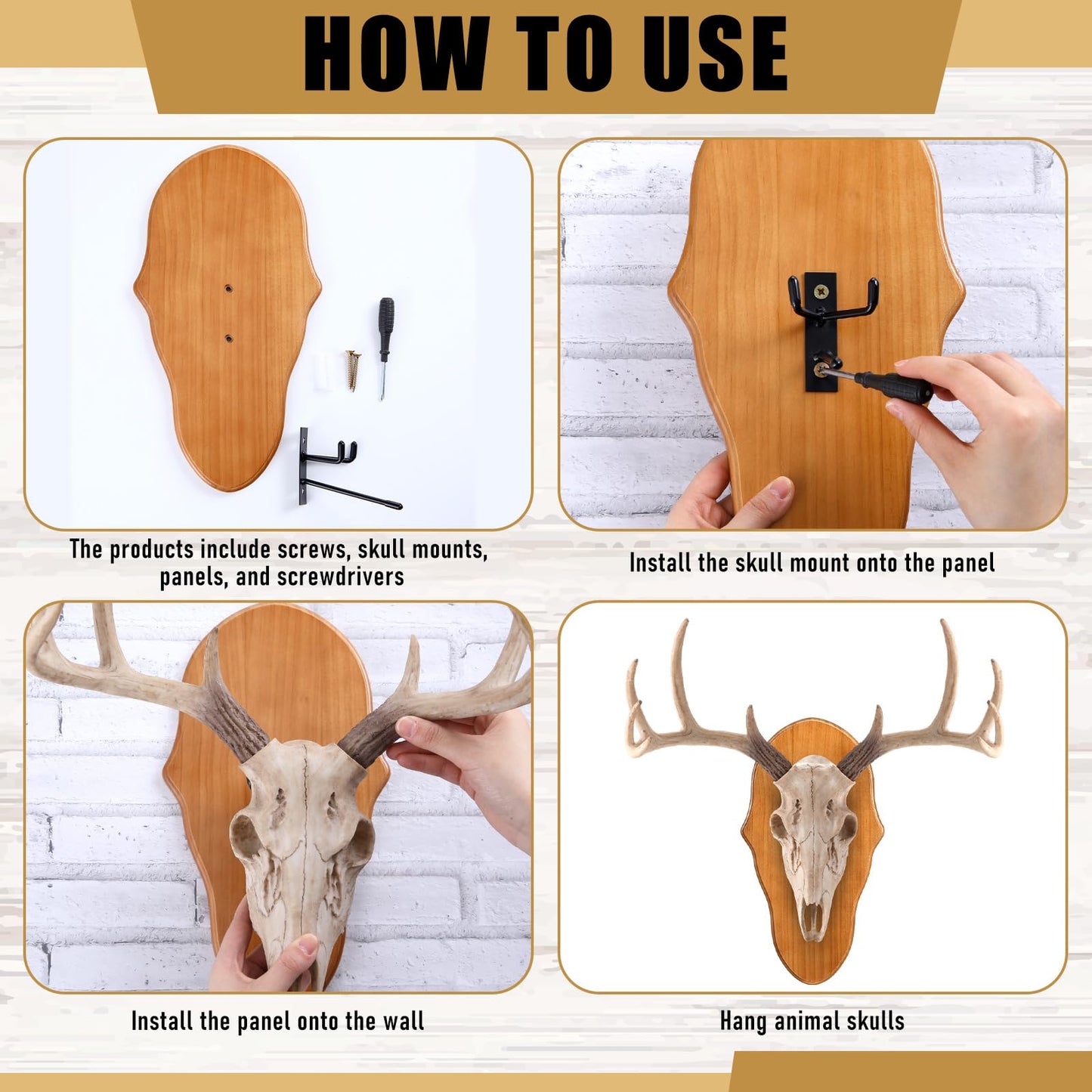 AceOrbit 3 Pcs Deer Skull Mount Plate Plaques Wood European Deer Head Mount Plaque European Mounting Skull Hanger Plate with Mounting Hardware (Stylish)
