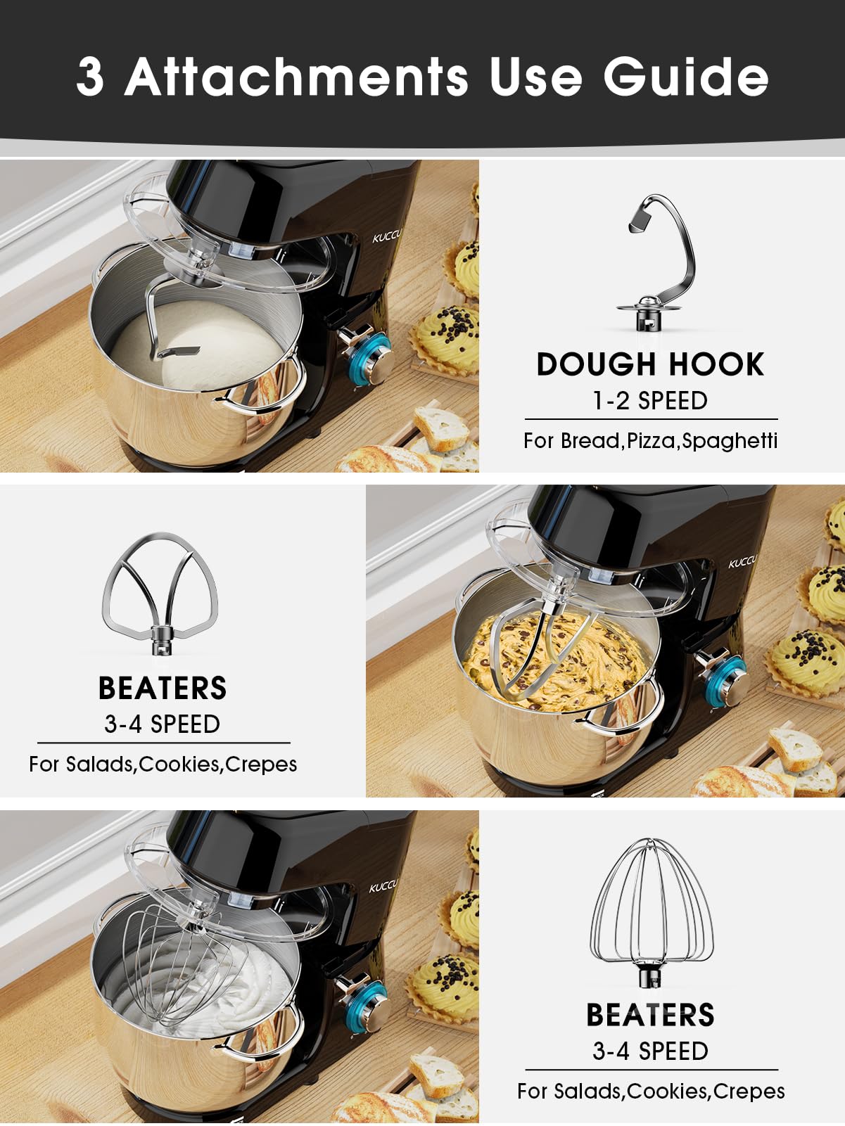 9.5 QT Double Handle KUCCU Stand Mixer, 6 Speed with Pulse Electric Kitchen Mixer, 660W Tilt-Head Food Mixer with Dishwasher-Safe Dough Hook, Flat Beater, Whisk, Splash Guard for home baking (Silver)