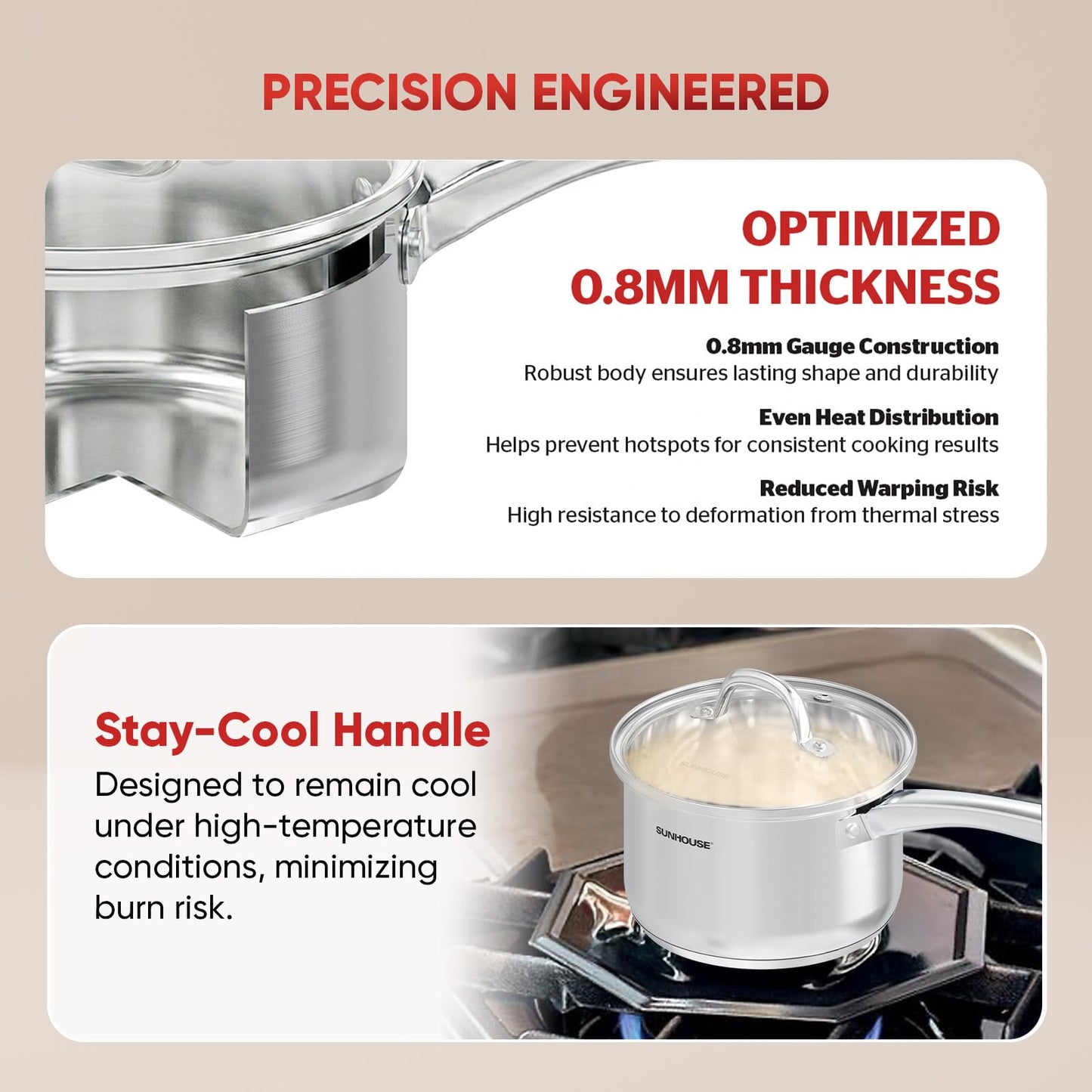 SUNHOUSE – 2 Quarts Stainless Steel Sauce Pan with Lid - PFOA-Free, Stainless Steel Sauce Pan, Advanced Impact Bonding Induction Base, Stay-Cool Handle, Compatible with All Cooktops