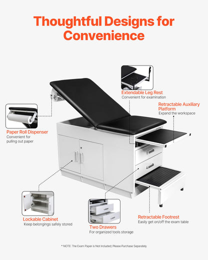 VEVOR Pro Medical Exam Table, Medical Examination Bed with Adjustable Backrest, Physical Therapy Exam Table with Locking Cabinet, 2 Drawers, Paper Roll Dispenser, Step Stool & Leg Rest, 500LBS Loading