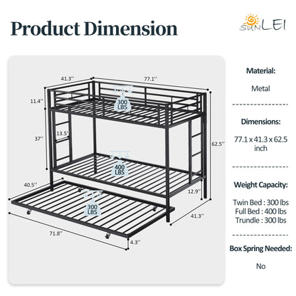 SUNLEI Metal Bunk Beds with Double Secured Ladders, Twin Bunk Bed with Surrounded Safety Guardrails, Space Saver Twin Beds, Noise Free for Small Bedroom, with Trundle Function, Solid Black