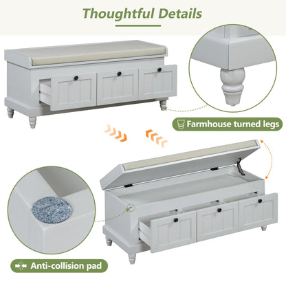 Merax Classic Storage Bench with Cushioned Seat and Three Drawers for Entryway & Living Room & Bedroom, Light Gray