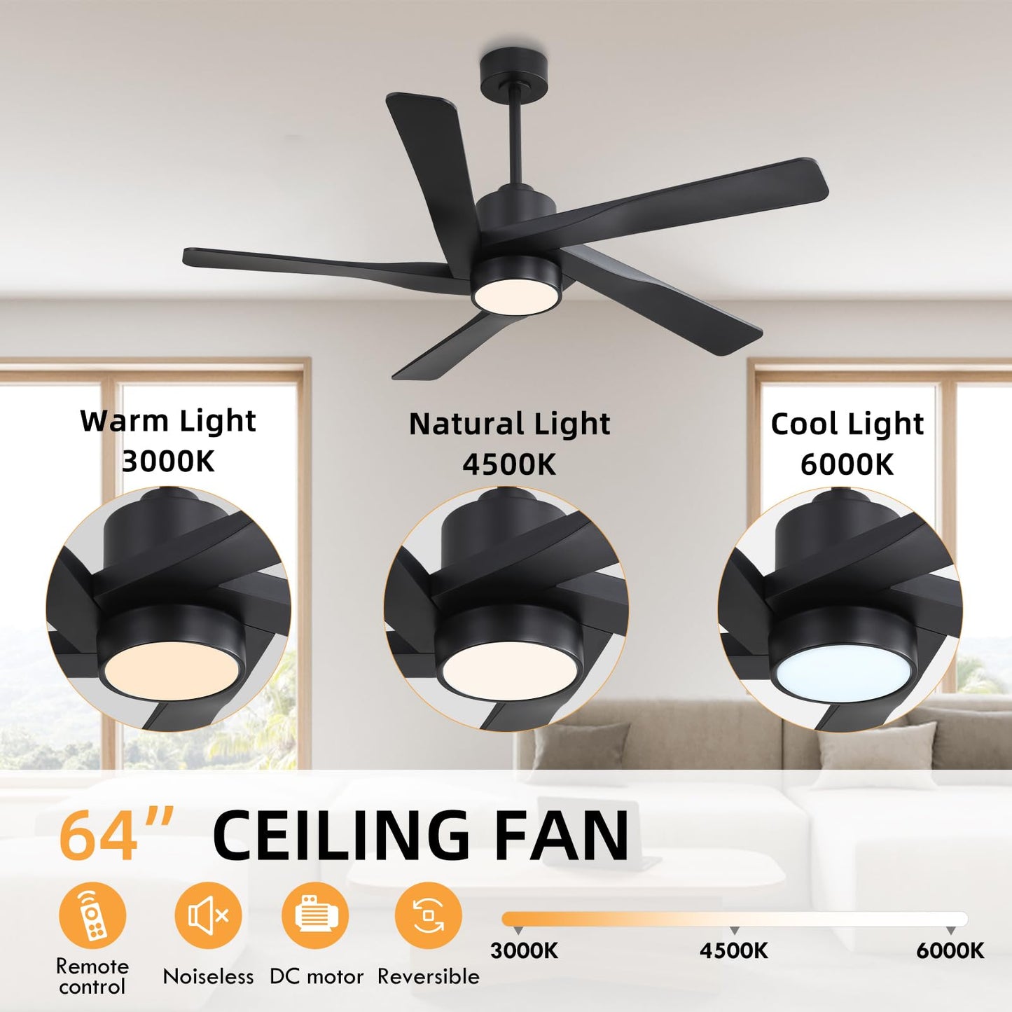 WINGBO 64" ABS DC Ceiling Fan with Lights, 5 Blade ABS Plastic Ceiling Fan with Remote, 6-Speed Reversible DC Motor, LED Ceiling Fans for Kitchen Bedroom Living Room, Matte Black