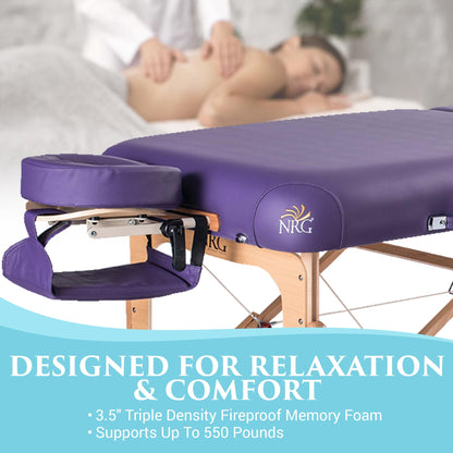 NRG Vedalux Portable Massage Table Package | Purple | Folding Lightweight Massage Bed | Professional Spa Table with Face Cradle, Hanging Armrest & Carrying Case