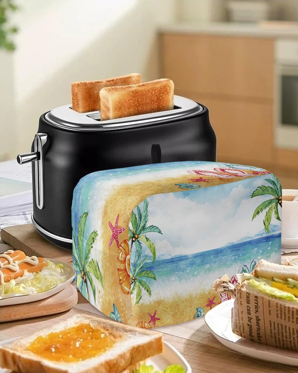 Toaster Dust Cover with Pockets, Watercolor Beach Coconut Tree Design, Soft Washable 4 Slice Dust-proof Cover