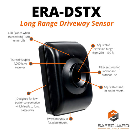 Safeguard Supply ERA-Driveway-Alarm Wireless Driveway Alert System - 4000 ft Long Range Outdoor Motion Sensor - Hearing Impaired Plug-in Receiver Features On/Off Bright Flashing Strobe Light