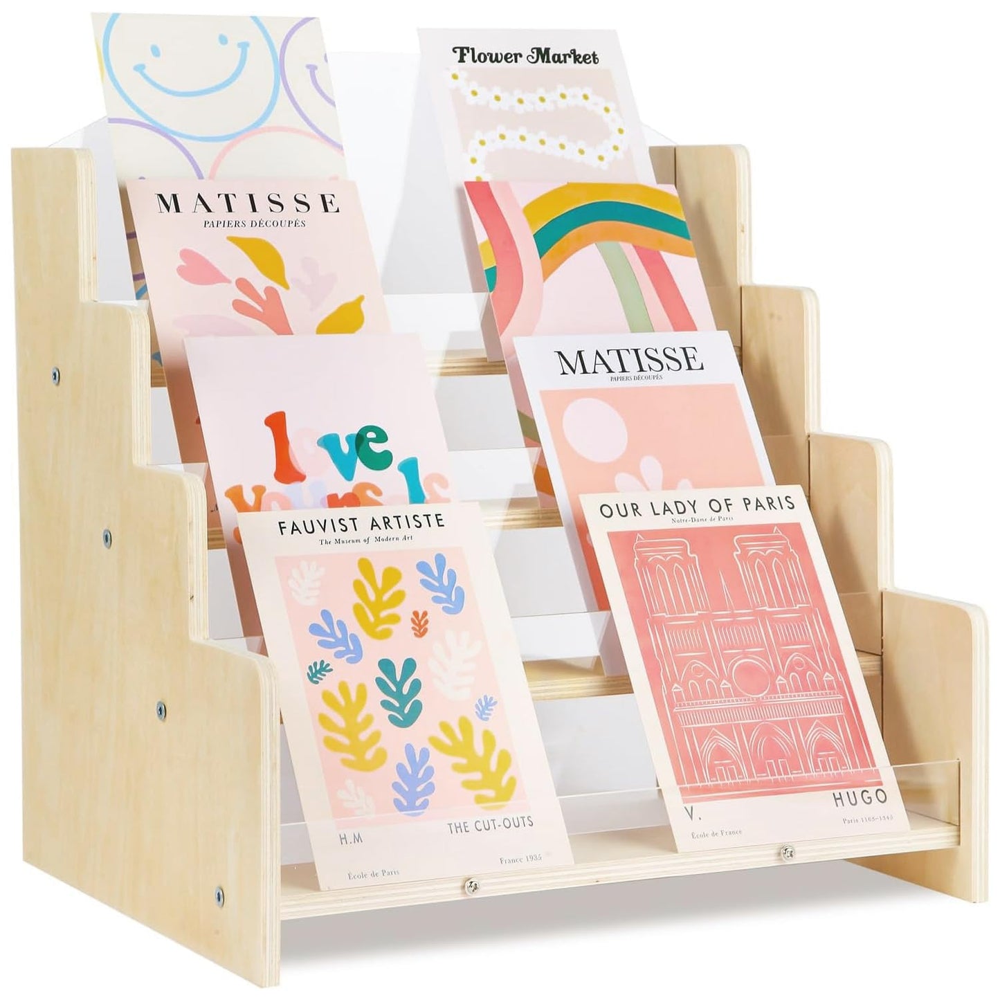 Kesiya Greeting Card Display Stand , Acrylic Sticker Display Holder for Vendors, Counter Retail Display Rack , 4-Tiered Wooden/Acrylic Display stand for postcard /Brochure/Photos/Picture
