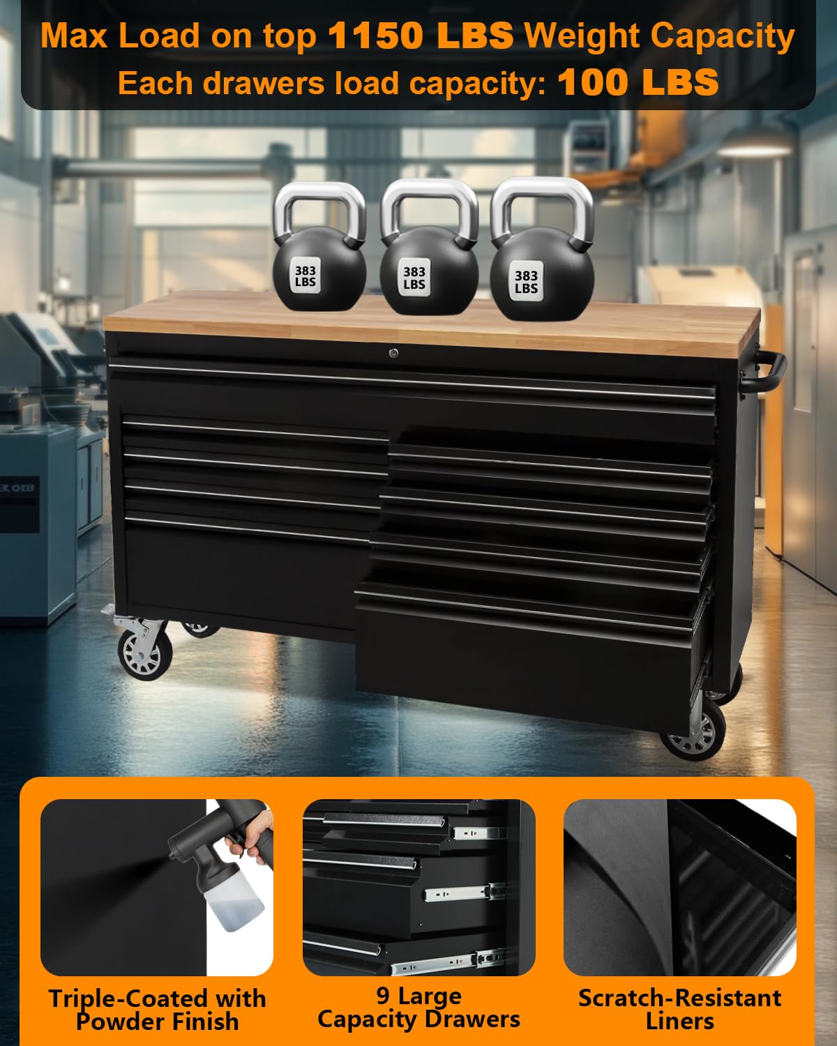 GarveeTech 61-Inch Heavy-Duty Rolling Tool Chest & Mobile Workbench with 9 Drawers, Rubber Wood Tabletop, Key Locking System, Drawer Liners and Wheels, Steel Storage Cabinet for Garage, Workshop