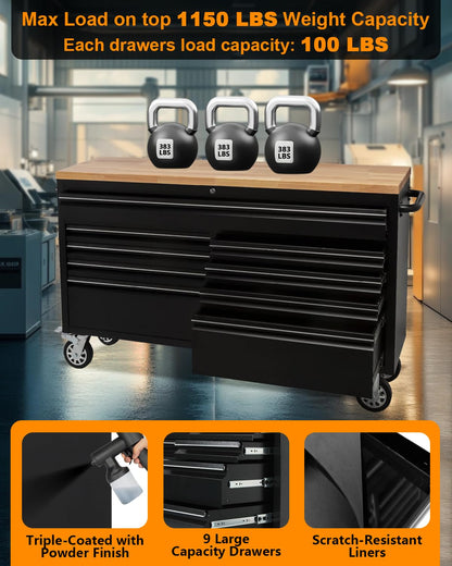 GarveeTech 61-Inch Heavy-Duty Rolling Tool Chest & Mobile Workbench with 9 Drawers, Rubber Wood Tabletop, Key Locking System, Drawer Liners and Wheels, Steel Storage Cabinet for Garage, Workshop