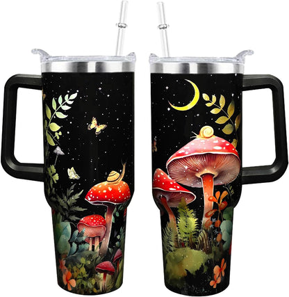 WENININOK 40 OZ Mushroom Cup Tumbler with Handle and Straw Lid Leak Proof - Mushroom Travel Coffee Mug with Handle
