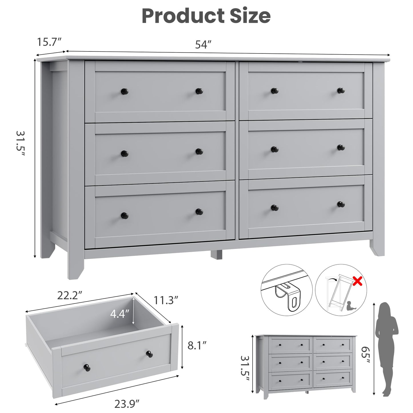 IDEALHOUSE Grey 6 Drawer Dresser for Bedroom, 54" Wide Large Dresser with Deep Drawers & Metal Knobs, Modern Wooden Chests of Drawers for Entryway, Hallway