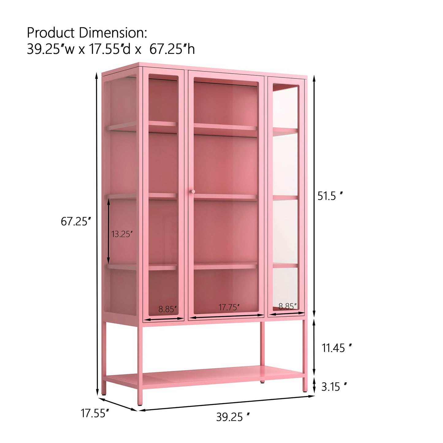 Merax 67" Tall Glass Display Cabinet with Adjustable Shelves and LED Lights, for Collectibles, Modern Steel Storage Curio Cabinet with 3-Sided Glass Display Case for Home Office Study Room, Pink