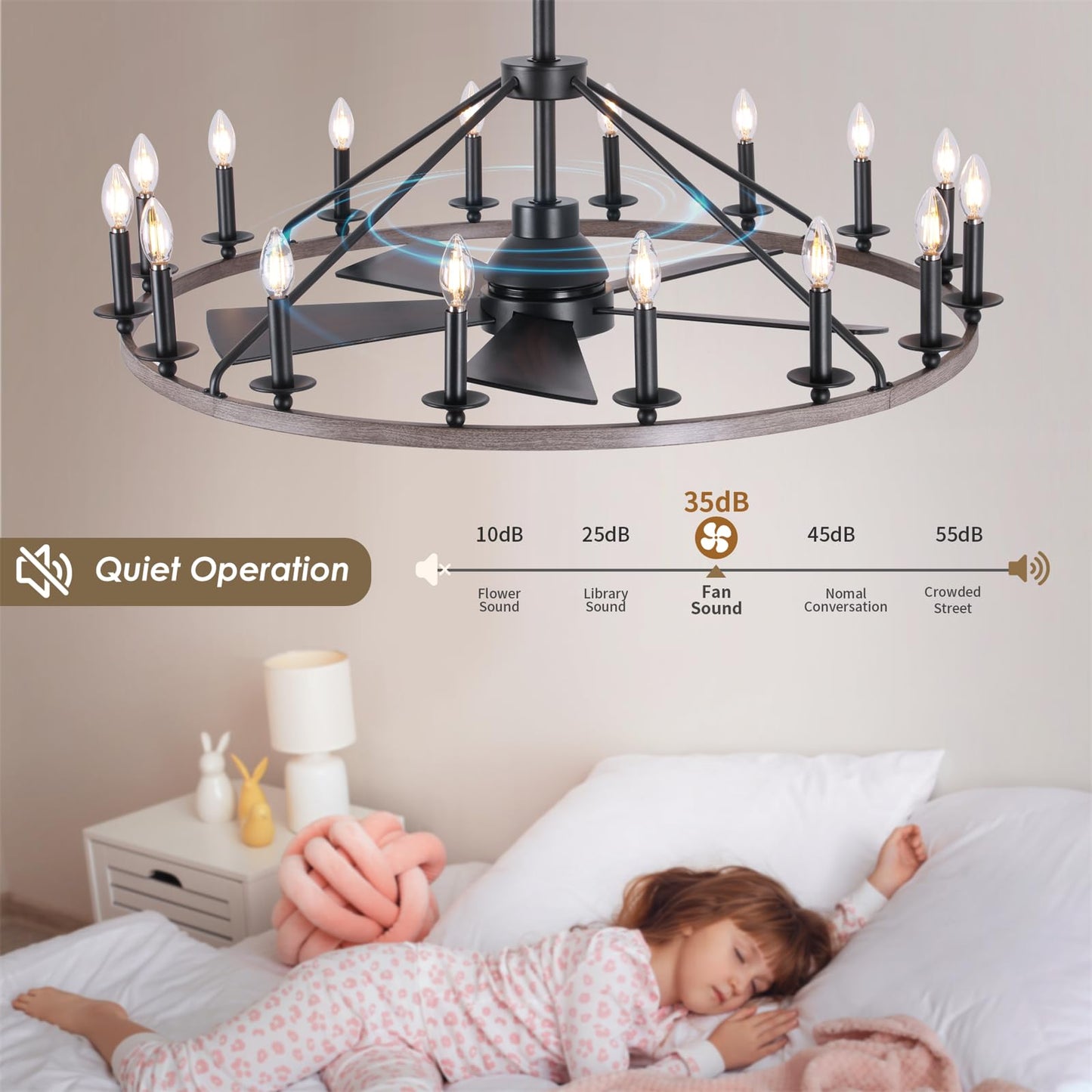 44" Wagon Wheel Chandelier with Fans, Wagon Wheel Ceiling Fan with 16-Lights and Remote, Farmhouse Chandelier for Living Room Dining Room, Adjustable Height, 6-Speed Reversible Quiet Large Fandelier
