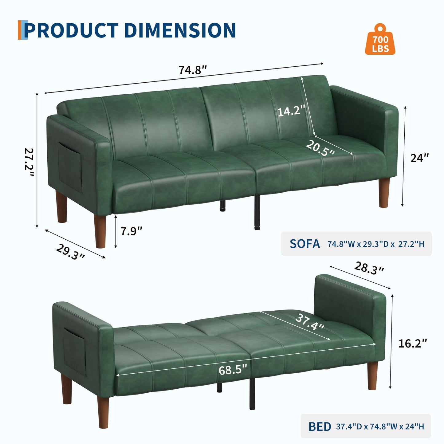 GarveeHome Futon Sofa Bed, 75-Inch Modern Faux Leather Convertible Couch, Mid-Century Loveseat for Small Space, Living Room, Bedroom, Green