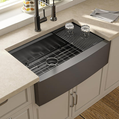 30 Black Farmhouse Sink - Lordear 30 inch Farm Kitchen Sink Workstation Apron Front 16-Gauge Gunmetal Black Stainless Steel Single Bowl Deep Kitchen Farmer Sinks, 9" Apron Height