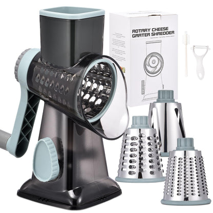 Rotary Cheese Grater with Handle Kitchen Shredder Slicer Grater Slicer Ice Shaver Cheese Vegetable Nuts Potato Zucchini Chocolate 3 Interchangeable Blades (GreyBlue
