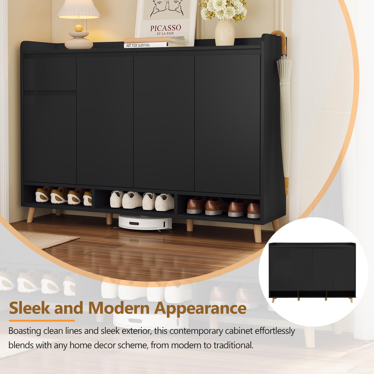 Ball & Cast 55" Modern Shoe Cabinet with Doors and Drawer, Freestanding Shoes Rack with Solid Wood Legs & Adjustable Shelf, Storage Sideboard for Entryway,Living Room,Hallway,Bedroom Black