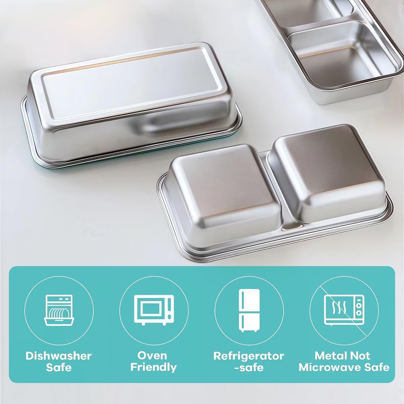 BSTUR 2Pcs 304 Stainless Steel Bento Boxes, 2 Compartments Portable Food Storage Containers Snack Boxes with Lids, Divided Meal Prep Lunch Box Food Container Dishwasher Safe