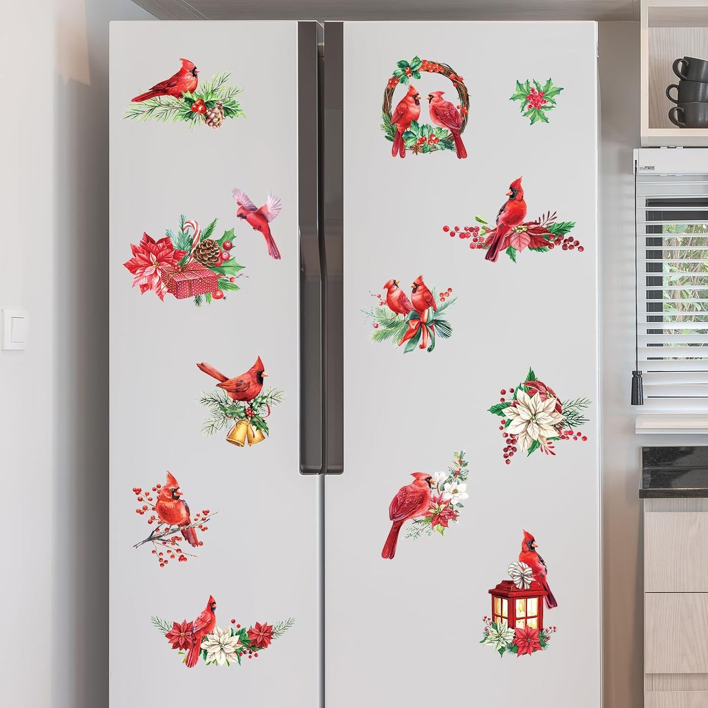 AnyDesign 12Pcs Christmas Refrigerator Magnets, Cardinal Holly Decorative Stickers for Indoor Outdoor Decor