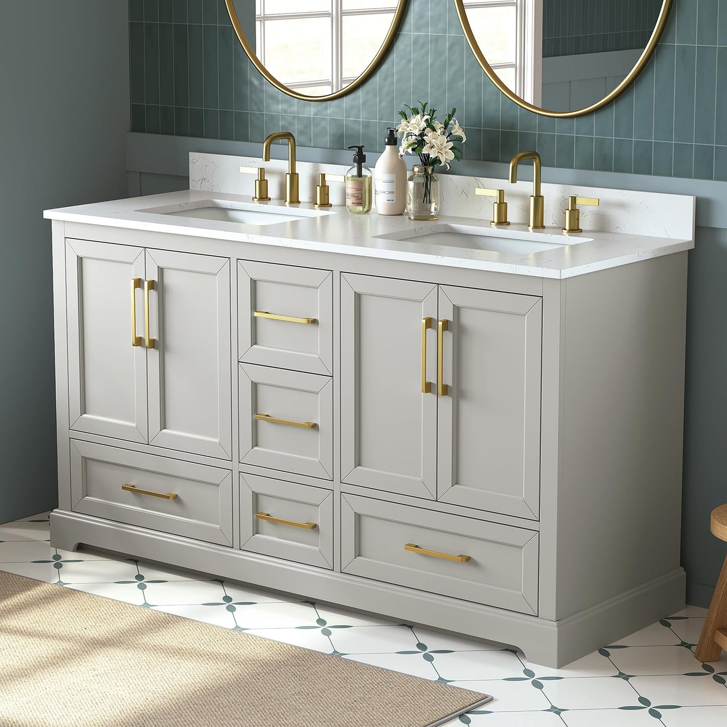 DELUXE LIVING 60 Inch Bathroom Vanity with Double Sink Combo, Solid Wood Frame with Mable Top &Backspalsh, Fully-Assembled with Soft-Closing Doors & 5 Drawers, Greige